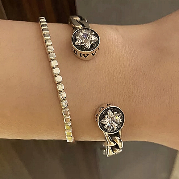 Vintage Sterling Silver Star Zircon Bangle Cuff Bracelet - Picture 10 of 11